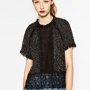 Zara Black Tweed & Lace Top XL